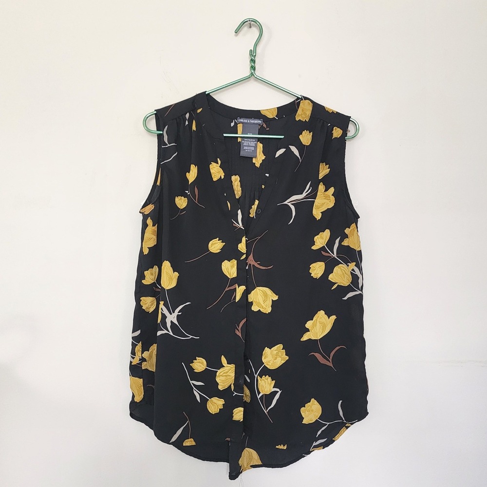 Chelsea & Theodore Womens Black Yellow Tulip Floral Sleeveless Blouse Top Medium